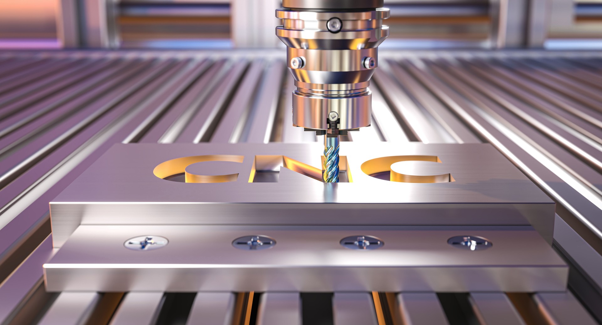 Cnc machine working a metal plate and engraving the cnc acronym